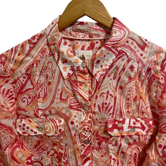 Chico's Coral Pink Paisley Button Up Shirt Resortwear Coastal Boho Size 2 Large - Picture 9 of 13